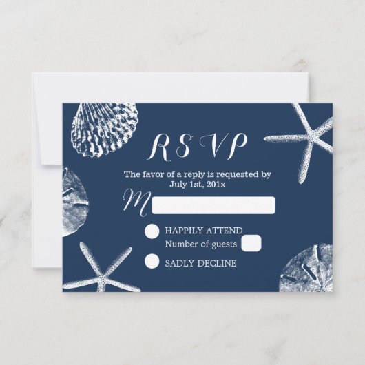 Navy Blue Beach Theme Seashells Wedding RSVP Karte (Vorderseite)