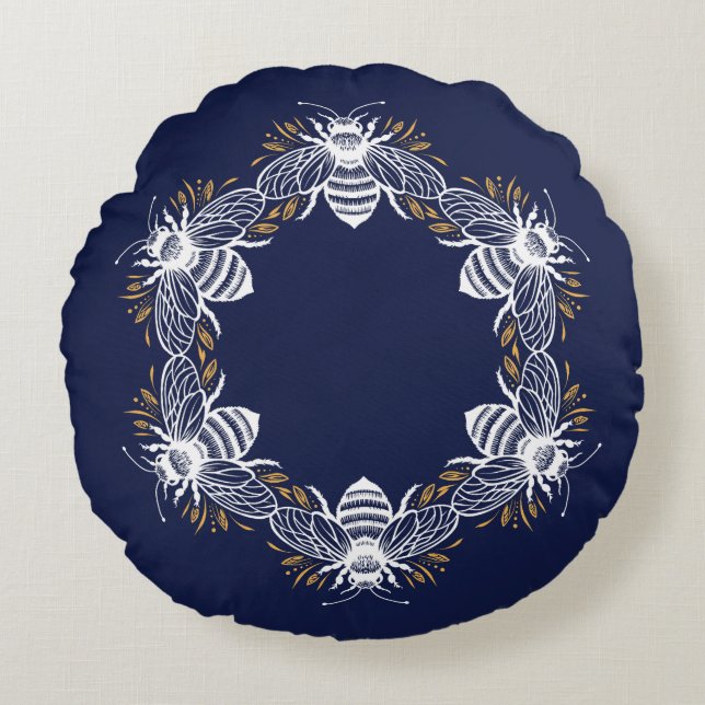 Navy Blue Bee Circle Rundes Kissen (Vorderseite)