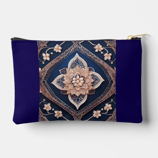 Navy blue & beige floral patterns AI art  Zubehörtasche (Rückseite)