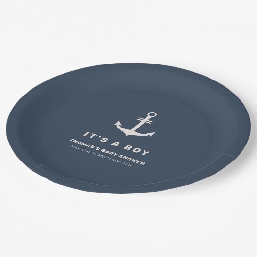 Navy Blue Beige Nautical Anchor Baby Dusche Pappteller (Schrägansicht)