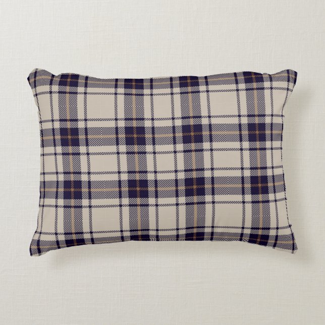 Navy Blue Beige Scottish Tartan Kariertes Muster Dekokissen (Vorderseite)