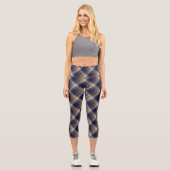 Navy Blue Beige Tartan Karierte Raute Muster Capri Leggings (Vorderseite)