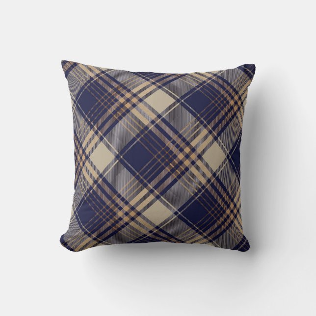 Navy Blue Beige Tartan Karierte Raute Muster Kissen (Vorderseite)