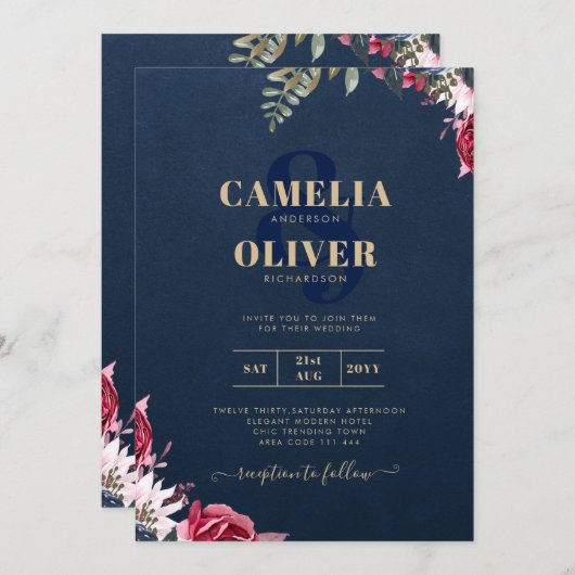 Navy Blue Berry Floral Burgundy Winter Fall Einladung (Vorne/Hinten)