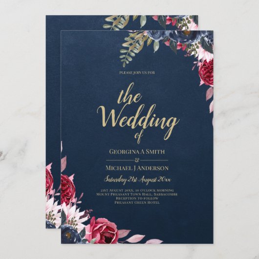 Navy Blue Berry Floral Burgundy Winter Fall Einladung (Vorne/Hinten)