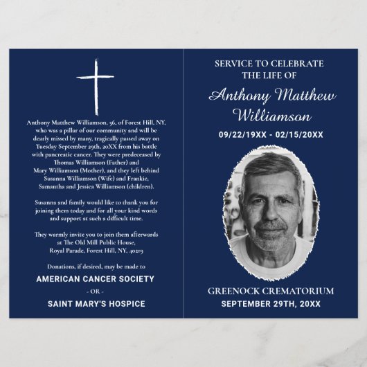 Navy Blue Bi-fold Custom Foto Funeral Program Flyer (Vorne)