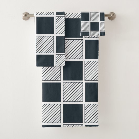 Navy Blue Black and White Checkerboard Muster Badhandtuch Set (Insitu)