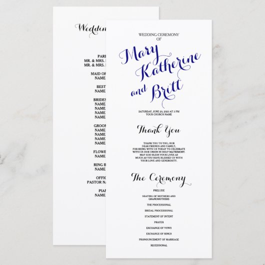 Navy Blue Black Classic Script | Hochzeitsprogramm Programm (Vorne/Hinten)