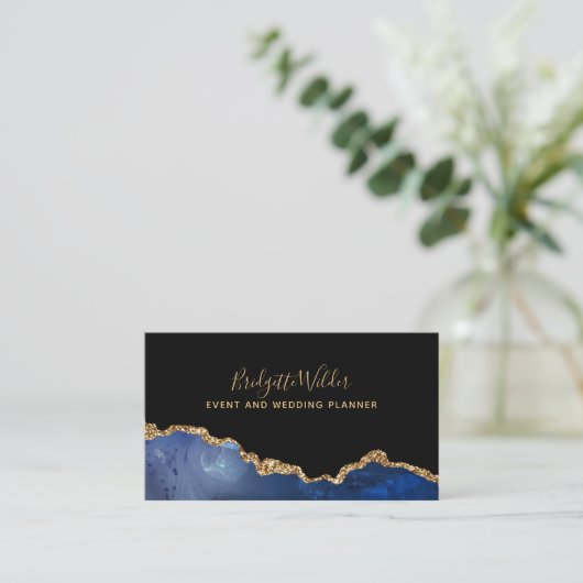 Navy Blue Black Gold Foil Agate Event Plane Visitenkarte (Stehend Vorderseite)