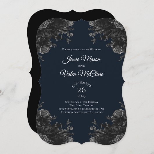 Navy Blue Black Gray Rose Gothic Elegante Hochzeit Einladung (Vorne/Hinten)