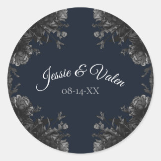 Navy Blue Black Gray Rose Gothic Wedding Runder Aufkleber