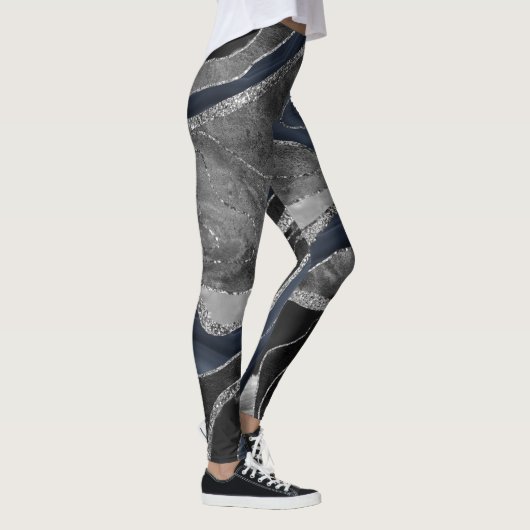 Navy Blue Black Marble Agate Silver Glitzer Glam 2 Leggings (Rechts)