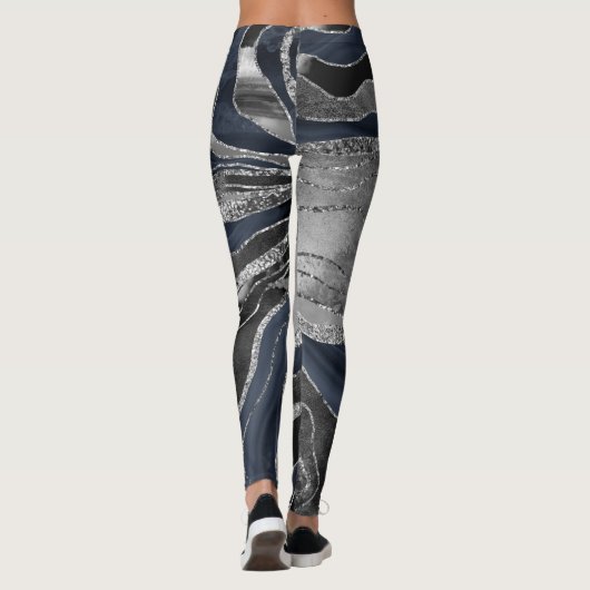 Navy Blue Black Marble Agate Silver Glitzer Glam 2 Leggings (Rückseite)