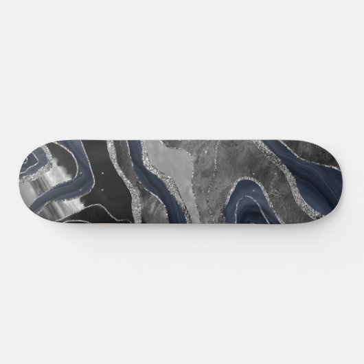 Navy Blue Black Marble Agate Silver Glitzer Glam 2 Skateboard (Horizontal)