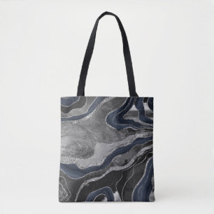 Navy Blue Black Marble Agate Silver Glitzer Glam 2 Tasche