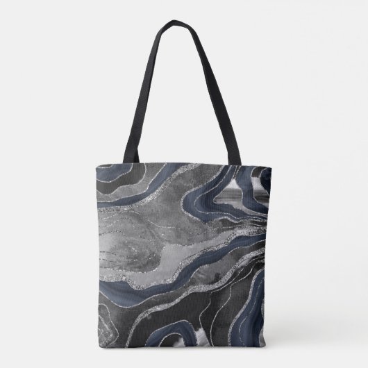 Navy Blue Black Marble Agate Silver Glitzer Glam 2 Tasche (Rückseite)