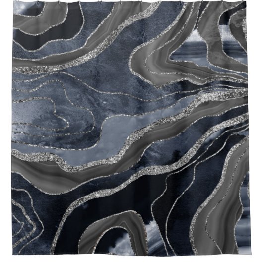 Navy Blue Black Marble Agate Silver Glitzer Glam Duschvorhang (Vorderseite)