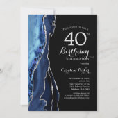 Navy Blue Black Silver Agate 40. Geburtstag Einladung (Vorderseite)