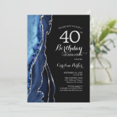 Navy Blue Black Silver Agate 40. Geburtstag Einladung (Stehend Vorderseite)