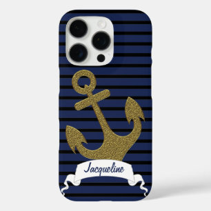 Navy Blue Black Stripes Gold Ankerband Name iPhone 16 Pro Hülle