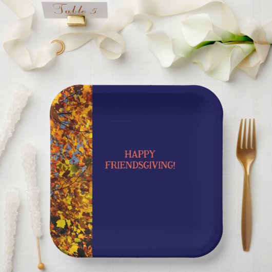 Navy Blue & Blätter Erntedank Friendsgiving Pappteller (Hochzeit)