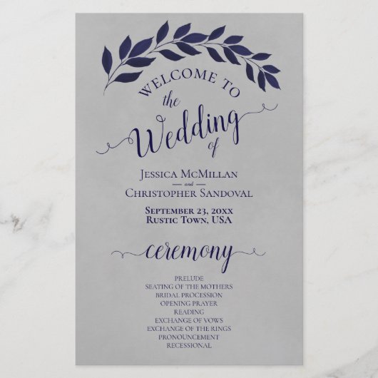 Navy Blue Blätter über das Hochzeitsprogramm "Grau (Vorderseite)