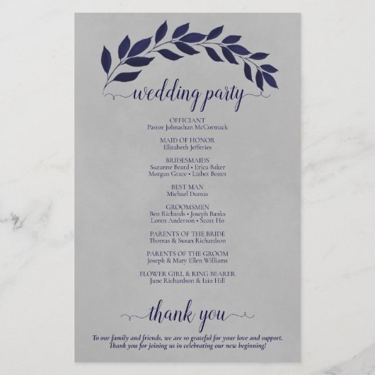Navy Blue Blätter über das Hochzeitsprogramm "Grau (Rückseite)