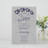 Navy Blue Blätter über das Hochzeitsprogramm "Grau (Stehend Vorderseite)