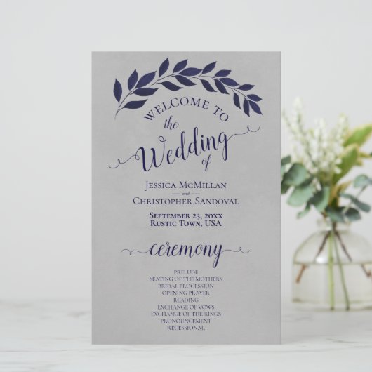 Navy Blue Blätter über das Hochzeitsprogramm "Grau (Stehend Vorderseite)
