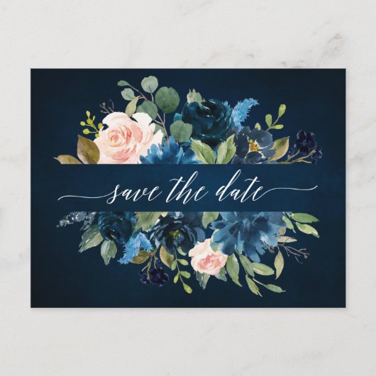 Navy Blue Blink Pink Rose Boho Save the Date Ankündigungspostkarte (Vorderseite)