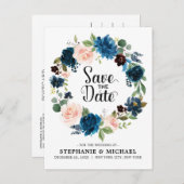 Navy Blue Blink Pink Rose Boho Save the Date Ankündigungspostkarte (Vorne/Hinten)