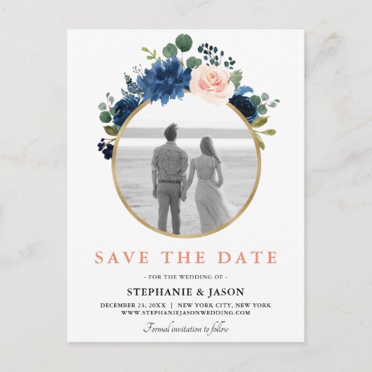Navy Blue Blink Pink Rose Boho Save the Date Ankündigungspostkarte (Vorderseite)