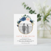 Navy Blue Blink Pink Rose Boho Save the Date Ankündigungspostkarte (Stehend Vorderseite)