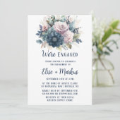 Navy Blue Blink Pink Roses Engagement Party Einladung (Stehend Vorderseite)