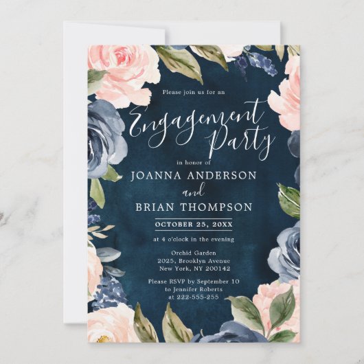 Navy Blue Blink Rosa Rose Boho Engagement Party Einladung (Vorderseite)