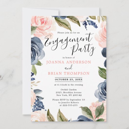 Navy Blue Blink Rosa Rose Boho Engagement Party Einladung (Vorderseite)