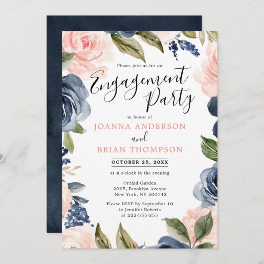 Navy Blue Blink Rosa Rose Boho Engagement Party Einladung (Vorne/Hinten)
