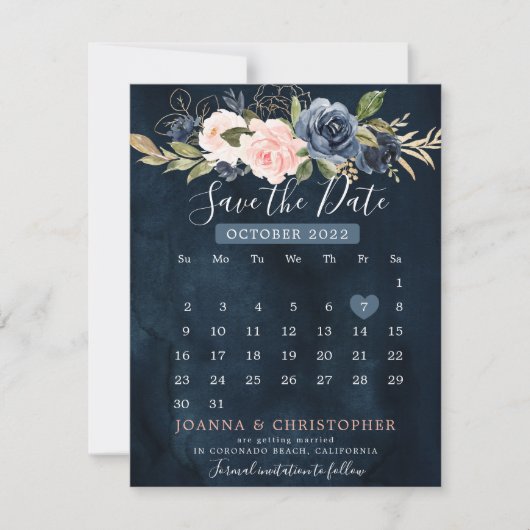 Navy Blue Blink Rosa Rose Kalender Save the Date A Ankündigung (Vorderseite)
