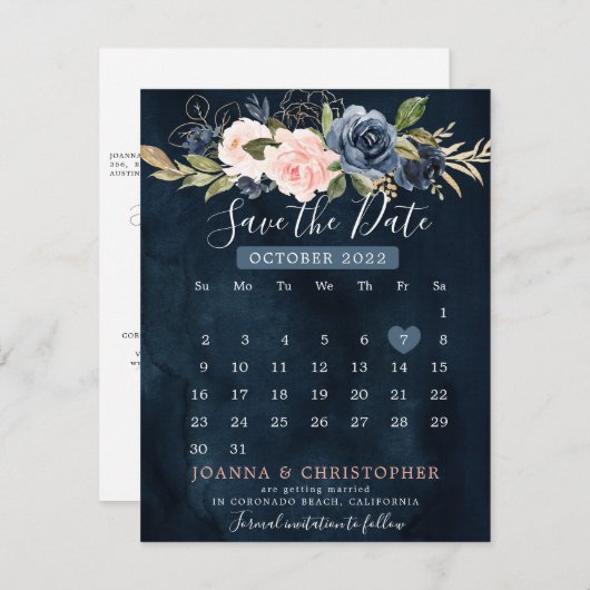 Navy Blue Blink Rosa Rose Kalender Save the Date A Ankündigung (Vorne/Hinten)