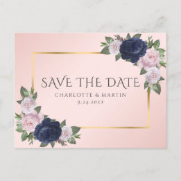 Navy Blue Blu Rosa Blütenpinsel Save the Date Ankündigungspostkarte