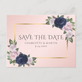 Navy Blue Blu Rosa Blütenpinsel Save the Date Ankündigungspostkarte