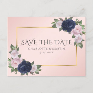 Navy Blue Blu Rosa Blütenpinsel Save the Date Ankündigungspostkarte