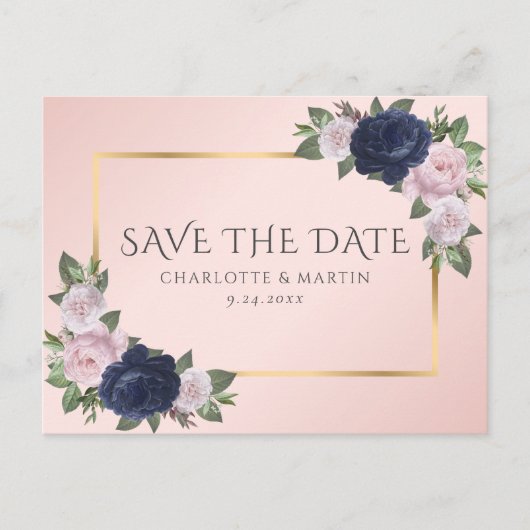 Navy Blue Blu Rosa Blütenpinsel Save the Date Ankündigungspostkarte (Vorderseite)