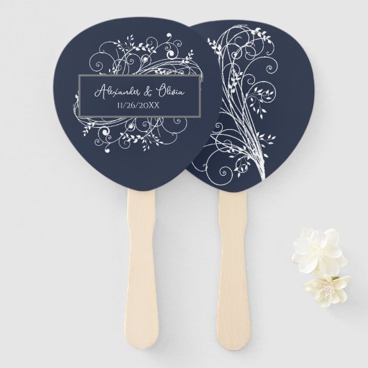 Navy Blue Blüh Gastgeschenk Hochzeit Handfan Fächer (Vorne und Hinten)