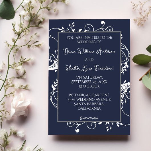 Navy Blue Blüh Hochzeitseinladung Einladung