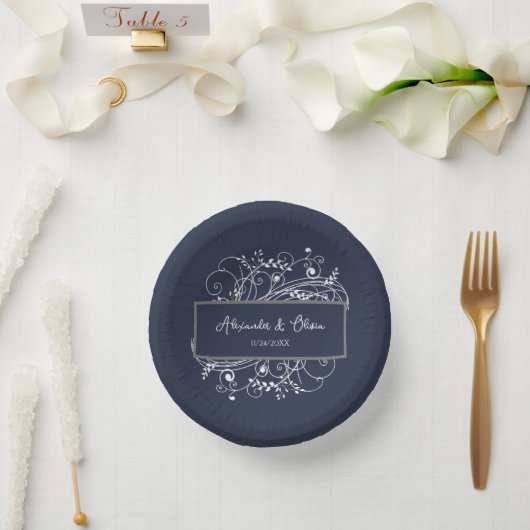 Navy Blue Blüh Polterabend Paper Bowls Pappteller (Hochzeit)
