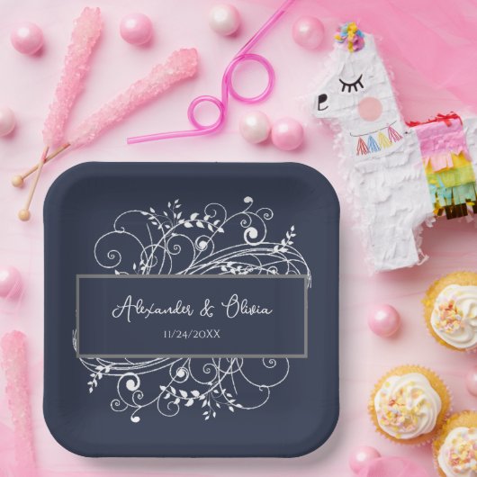 Navy Blue Blüh Polterabend Paper Teller (Party)