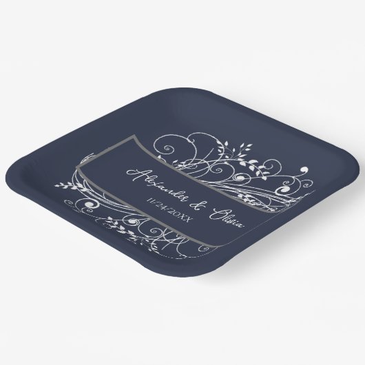 Navy Blue Blüh Polterabend Paper Teller (Gewinkelt)