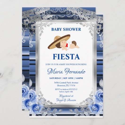 Navy Blue Blume Mexican Baby Shower Fiesta Einladung (Vorne/Hinten)