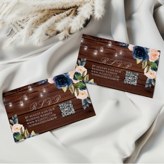 Navy Blue Blume Rustic Wedding QR UAWG Begleitkarte
